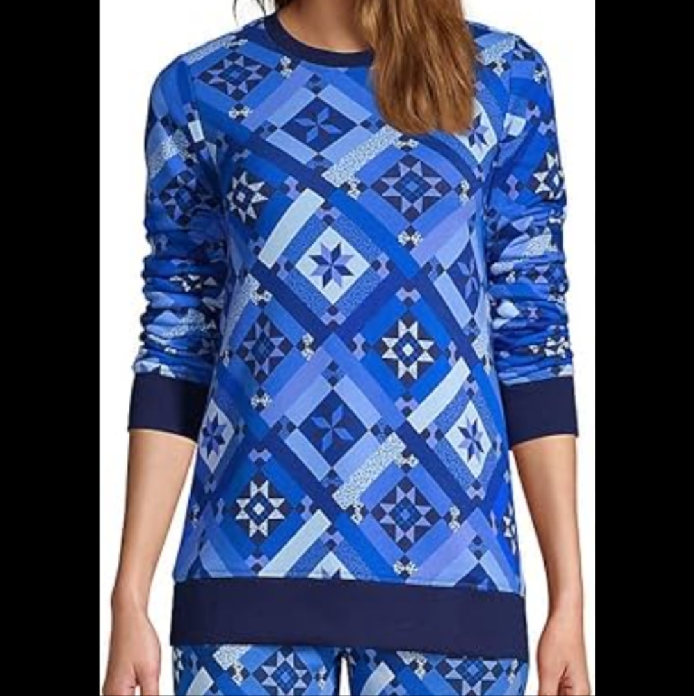 NEW Lands End Women's Serious Sweats Navy Prosperity Quilt Blue Sweatshirt